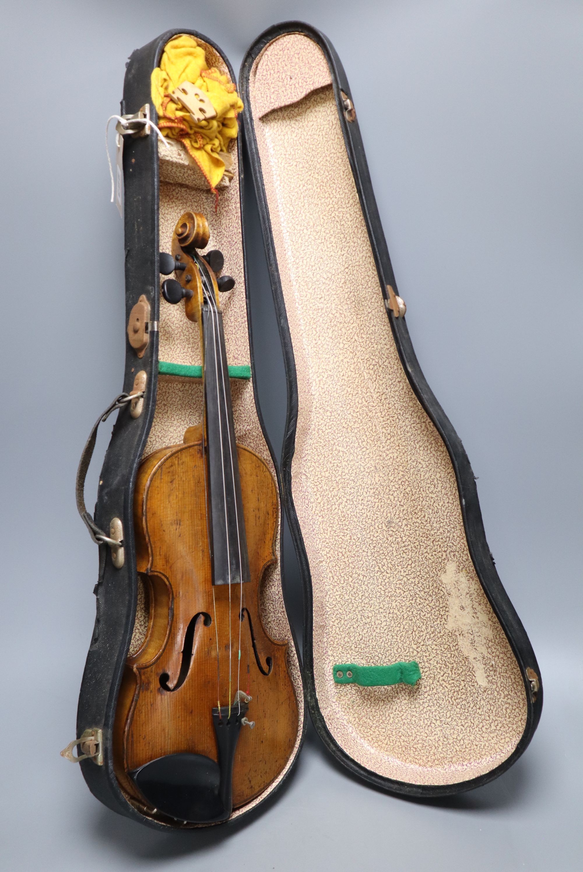 A 3/4 size violin, stamped Klotz, cased, length 52cm